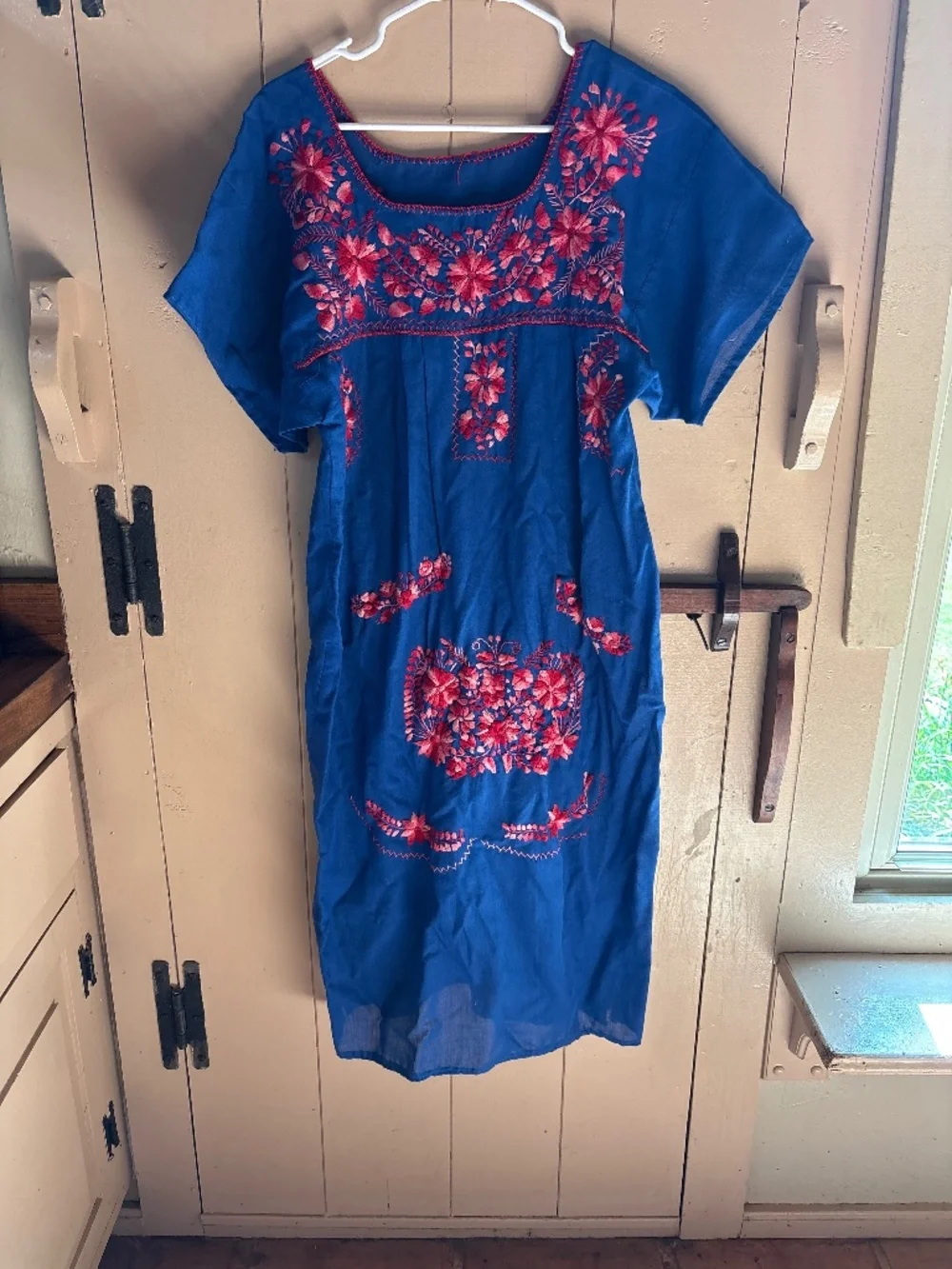 Vintage dress, pink/red embroidered blue dress - Picture 1 of 4